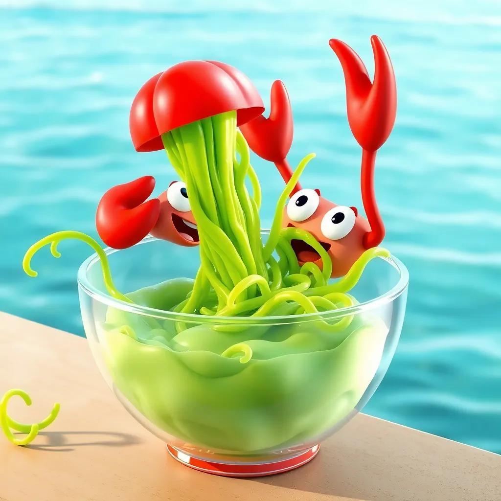 A wiggly green seaweed being dropped into a big bowl by Jelly, with Crabby swirling the mix in the bowl, the mixture starting to jiggle, seaside background, digital art, vibrant colors, high quality