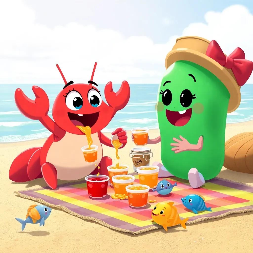 Crabby and Jelly pouring jelly into little cups at the beach, both looking excited, a colorful picnic blanket spread out nearby, happy fish swimming around them, illustration, colorful, joyful atmosphere, high quality