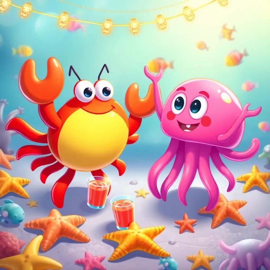 Crabby the crab and Jelly the jellyfish having a beach party with little cups of juice and jelly, surrounded by fish and starfish, all having fun and cheering, celebration vibe, digital art, vibrant, high quality