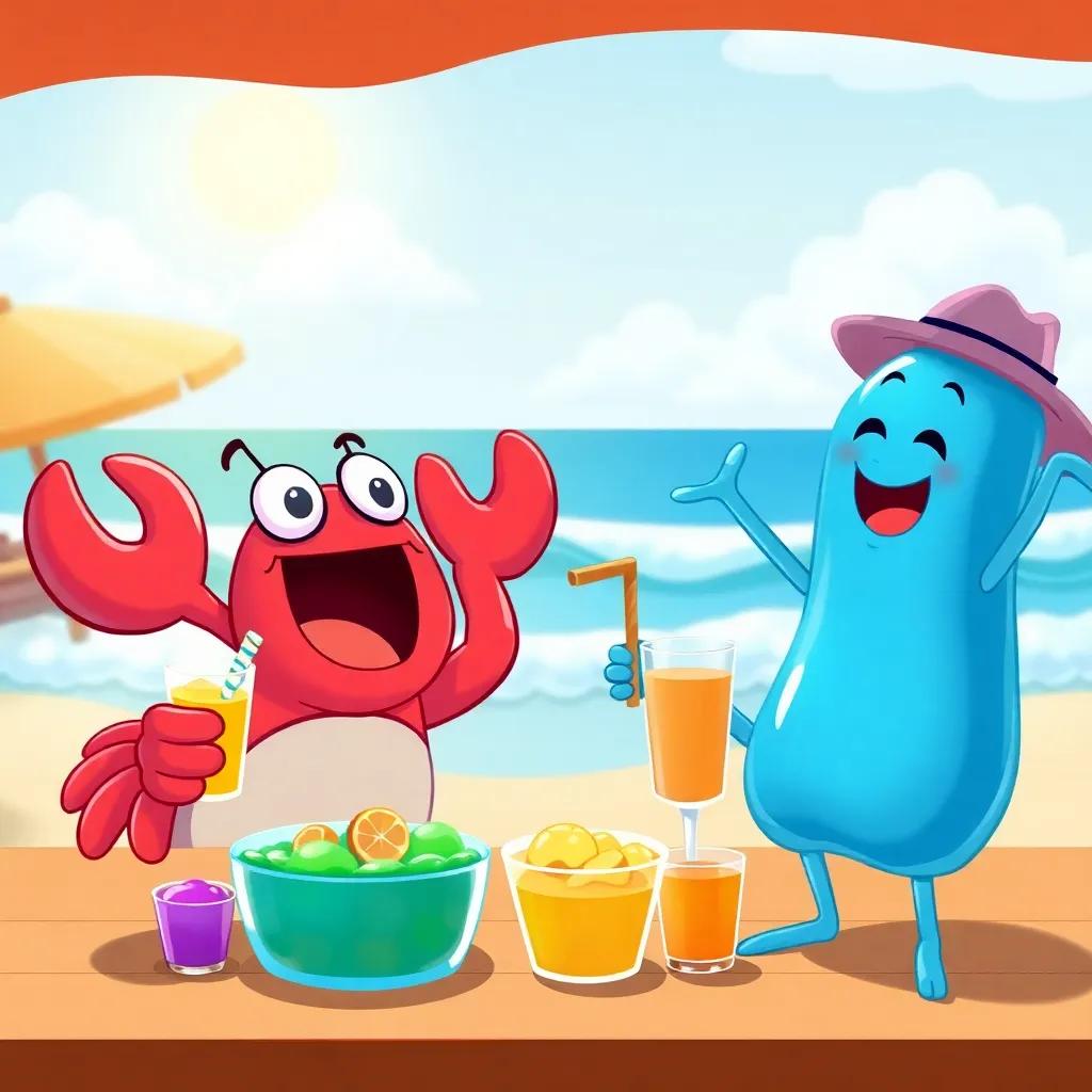 A happy scene with friends eating jelly and sipping juice, Crabby shouting joyfully, Jelly dancing in excitement, colorful beach background with sun and waves, illustration, cheerful and lively, high quality