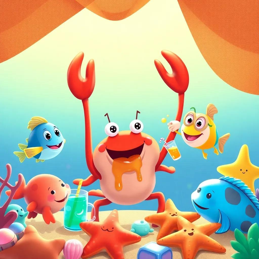 Crabby sharing jelly and juice with his friends, including fish and starfish, everyone smiling and having a great time under the warm sun, illustration, colorful, joyful gathering, high quality