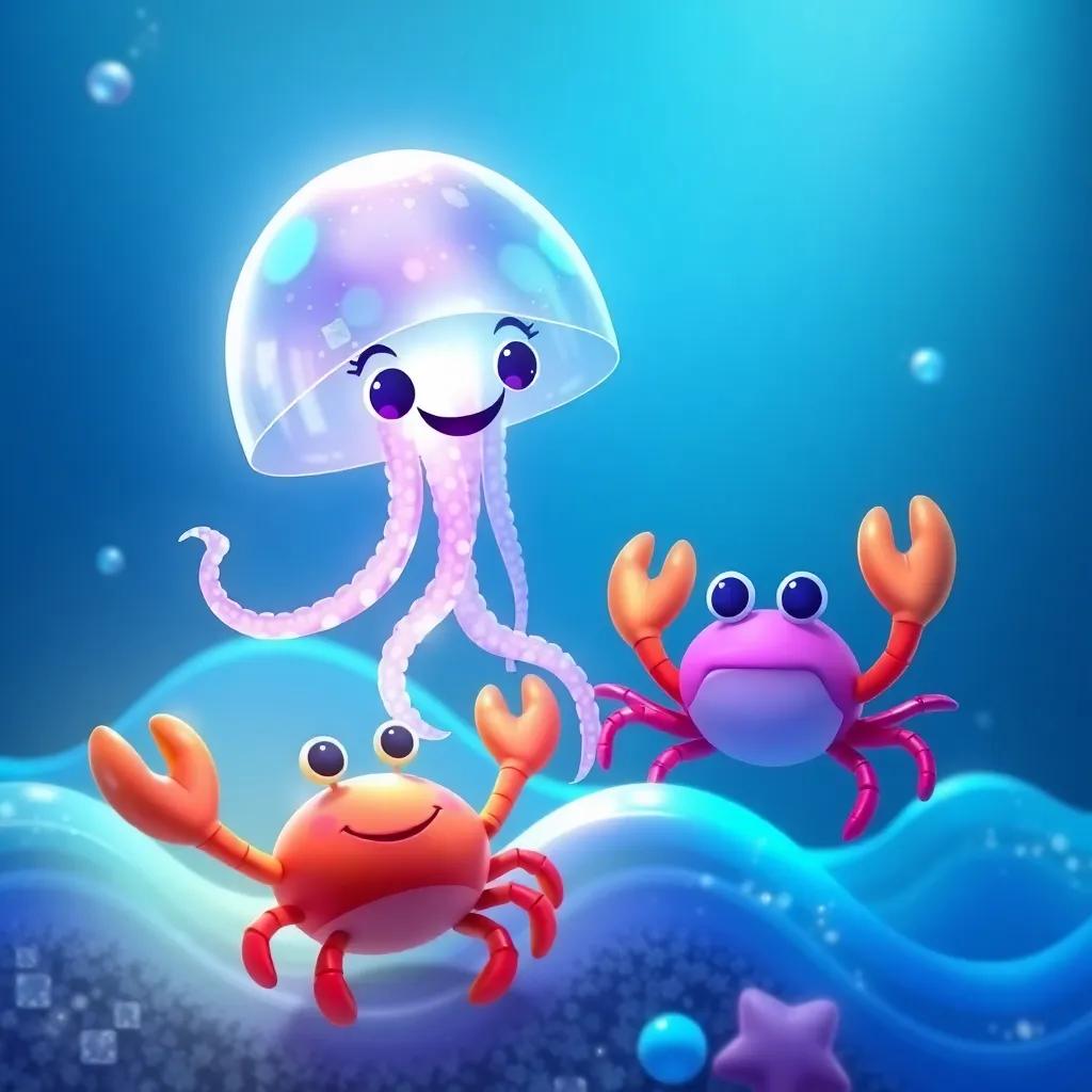 A happy jellyfish, glowing and dancing in the water, next to a vibrant crab, surrounded by sparkling blue waves, playful and inviting, colorful digital art