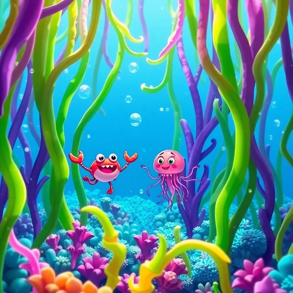 A colorful seaweed garden underwater, with Crabby and Jelly dancing among the bright green and purple seaweed, bubbles all around, playful and whimsical, vibrant colors, bright underwater scene
