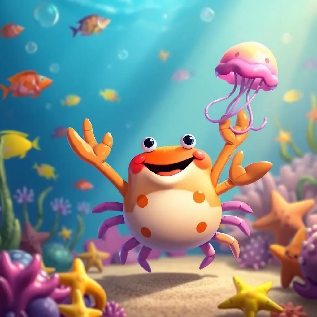 A joyful crab, Crabby, dancing with a jellyfish under the sea, surrounded by colorful fish and sea stars, light shimmering from above, fun and lively atmosphere, digital artwork