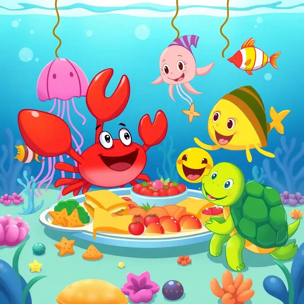 A fun underwater party scene, with Crabby the crab, jellyfish, fish, sea stars, and a turtle celebrating together, colorful food around, smiling faces, happy and festive, vibrant illustration