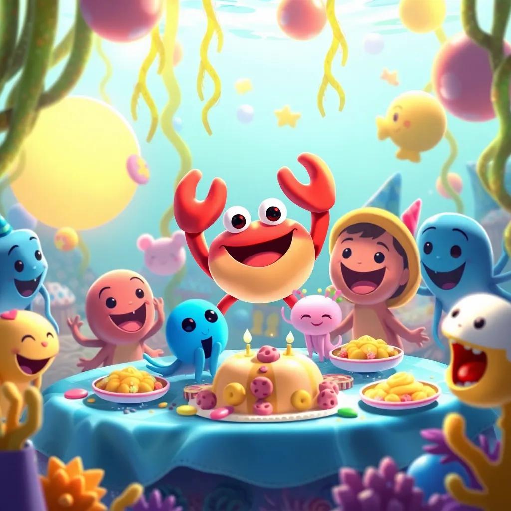 A joyous group of underwater friends having a party, with Crabby and Jelly in the center, decorated seaweed and colorful treats around, warm light, busy underwater scene