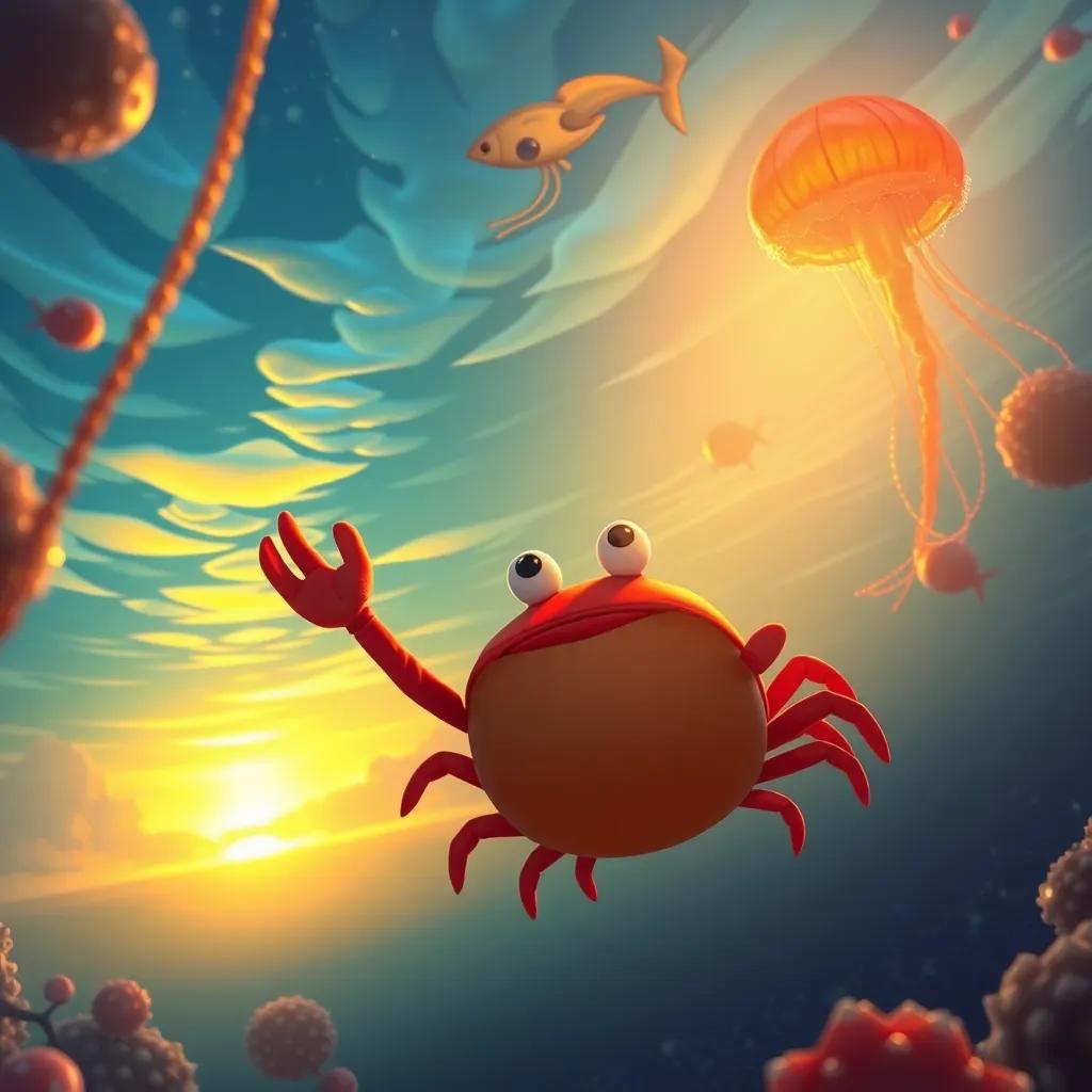 A sunset view from underwater, with Crabby waving goodbye to the jellyfish, glowing light filtering through the water, serene and warm feeling, beautiful digital art