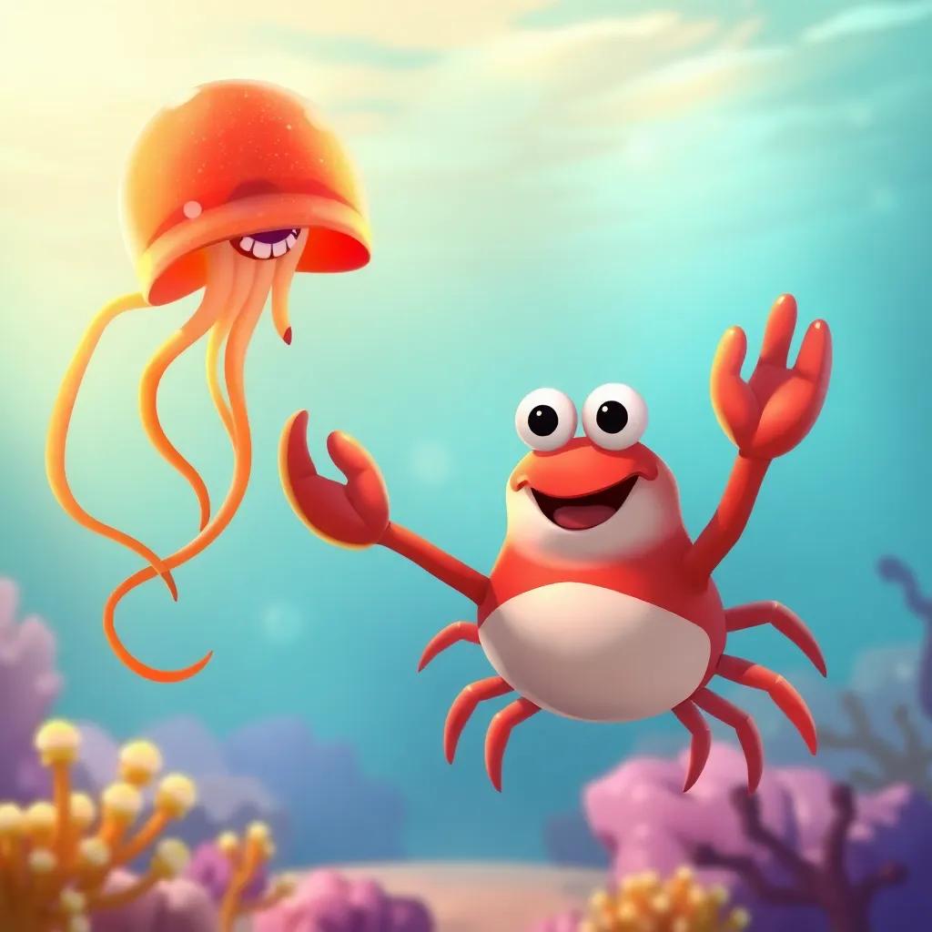 A cheerful crab, Crabby, with a big smile, waving to a jellyfish as they promise to meet again, serene underwater backdrop, warm atmosphere, digital painting
