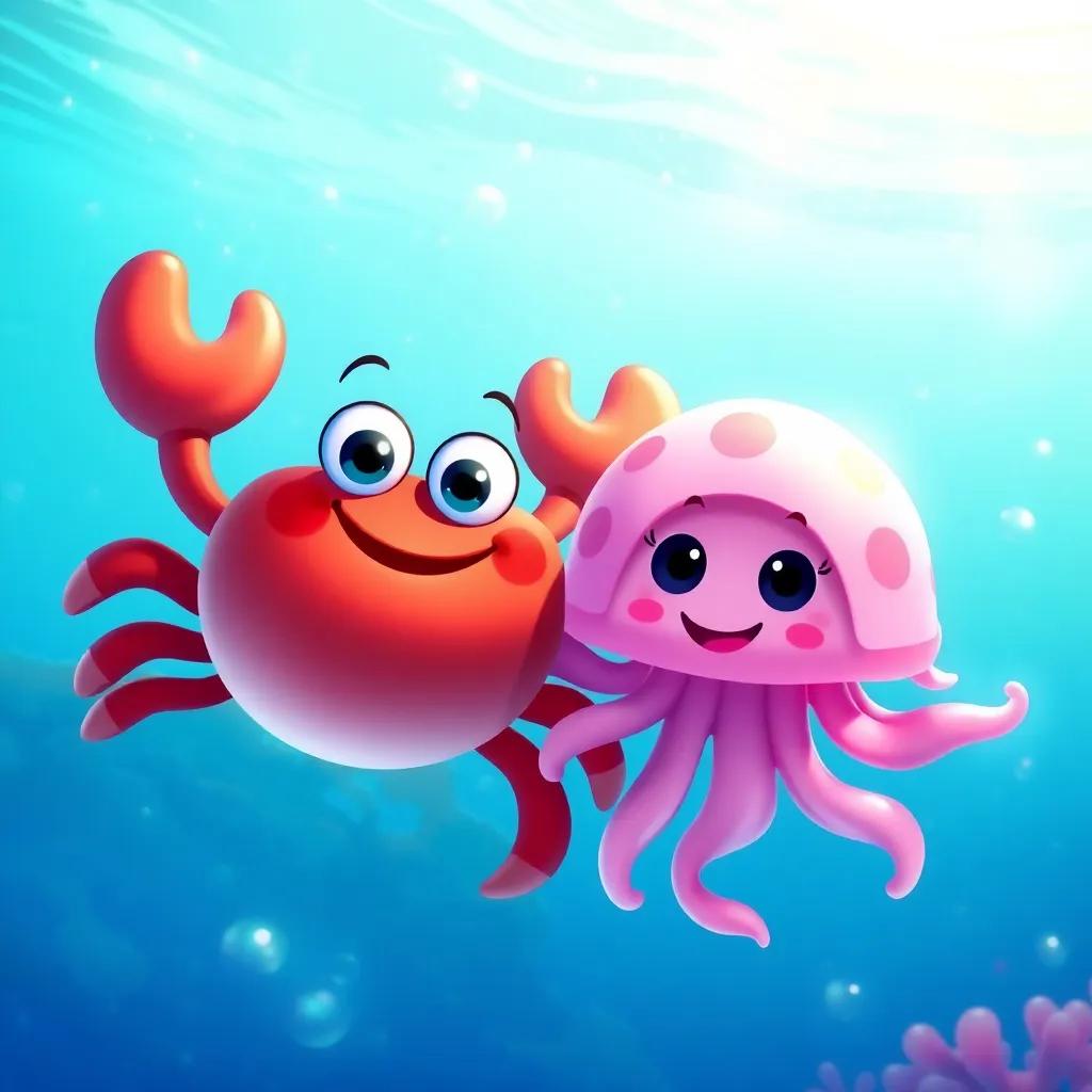A pair of happy friends, Crabby the crab and Jelly the jellyfish, swimming together in the beautiful blue ocean, filled with bubbles and colorful corals, vibrant and dreamy scene, undersea adventure theme