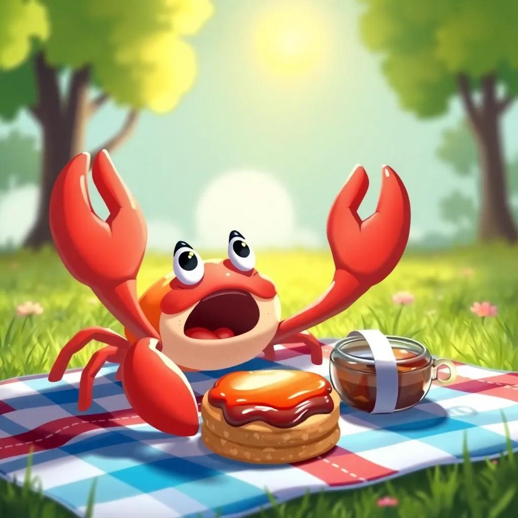 Crabby the crab staring at a picnic blanket with a delicious jam sandwich, excited expression, bright sun above, rich colors, inviting scene, child-friendly