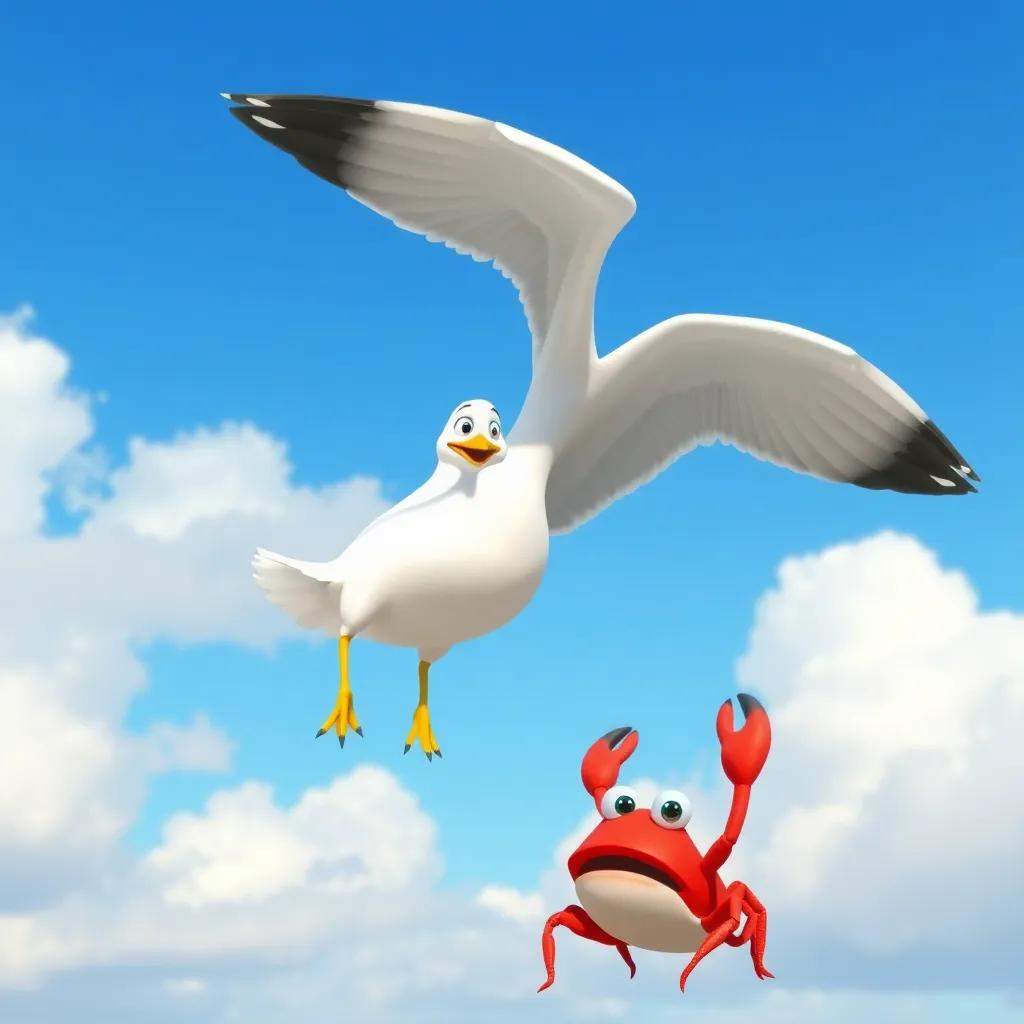 A seagull flying down towards Crabby, looking funny with big wings and a surprised face, bright blue sky, soft clouds, humorous stance, high quality