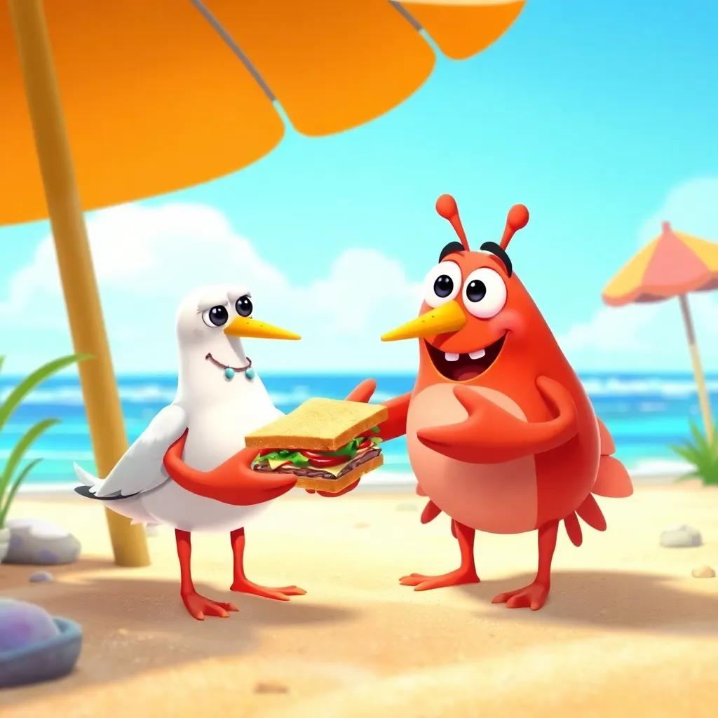 Crabby and the seagull making a deal to share the sandwich, both looking happy, bright beach setting surrounding them, colorful and inviting, playful scene, child-friendly