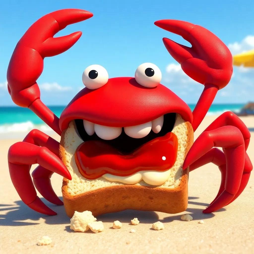 Crabby taking a bite of the jam sandwich, with a big smile, crumbs all around, sunny day at the beach, bright colors, high quality