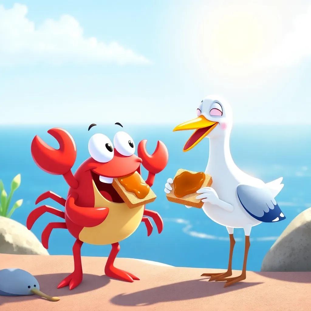 Crabby and the seagull laughing while sharing their jam sandwich, joyful atmosphere, playful scene with sunshine, colorful setting, child-friendly
