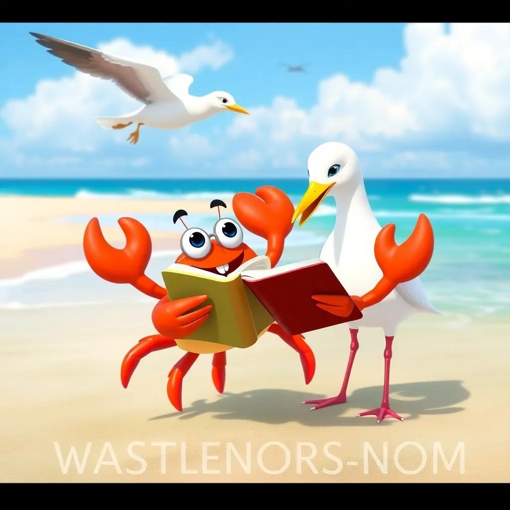 Crabby sharing ocean stories with the seagull, both animated and having fun, beautiful beach background, bright colors, heartwarming scene, child-friendly