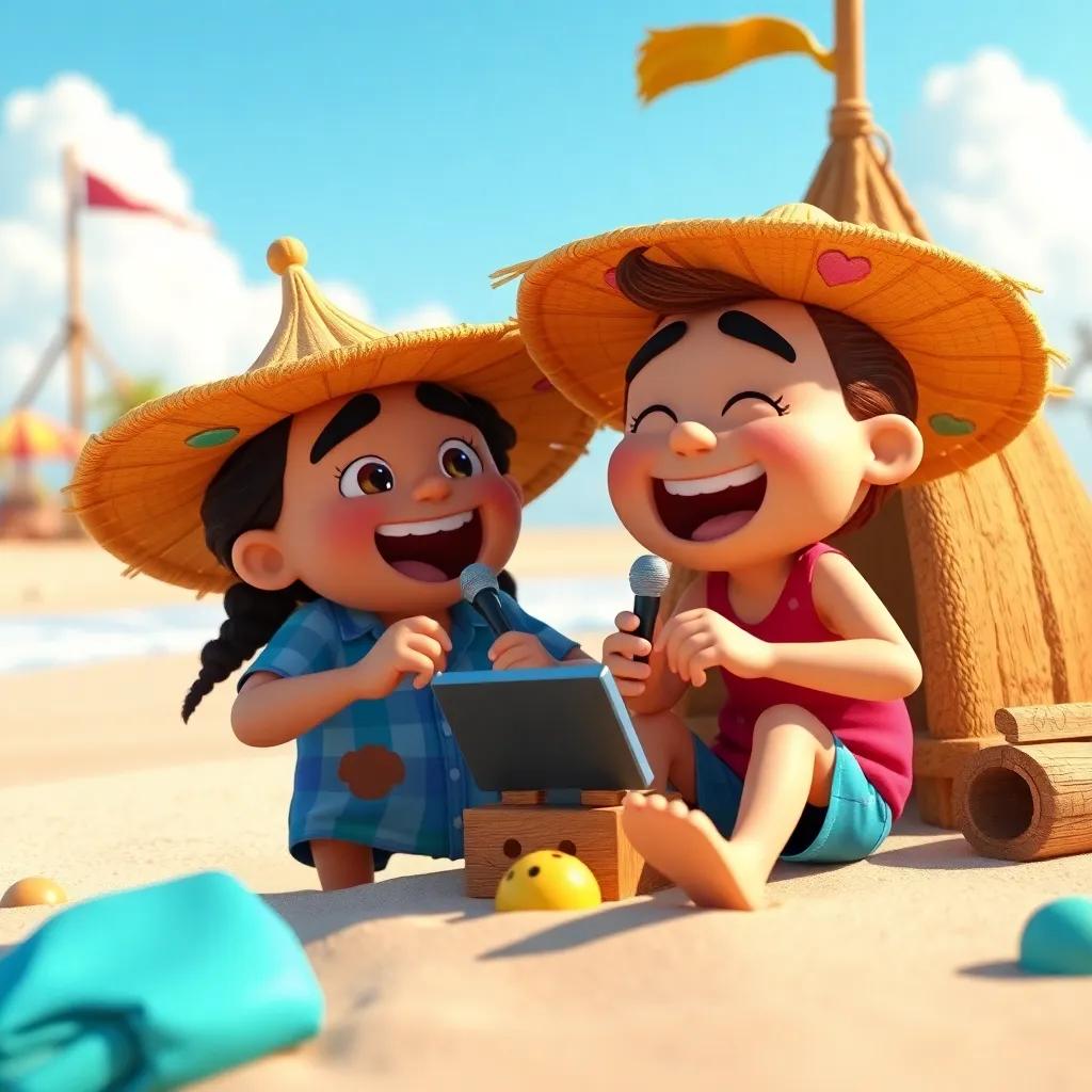 The duo singing a funny song while building, with a cheerful beach scene, bright and colorful, with a sense of camaraderie and fun, high quality