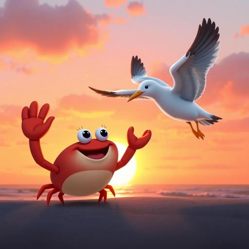 Crabby waving goodbye to the seagull at sunset, both looking happy, beautiful hues of orange and pink in the sky, warm and friendly atmosphere, child-friendly