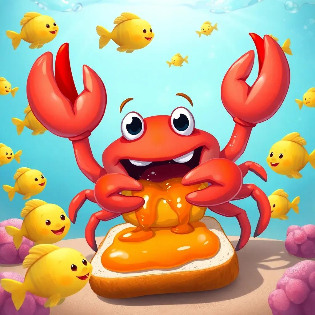 Crabby the crab, with bits of jam on his claws, happily biting into the jam sandwich, surrounded by cheerful fish swimming around, bright colors, fun and lively, detailed illustration, child-friendly