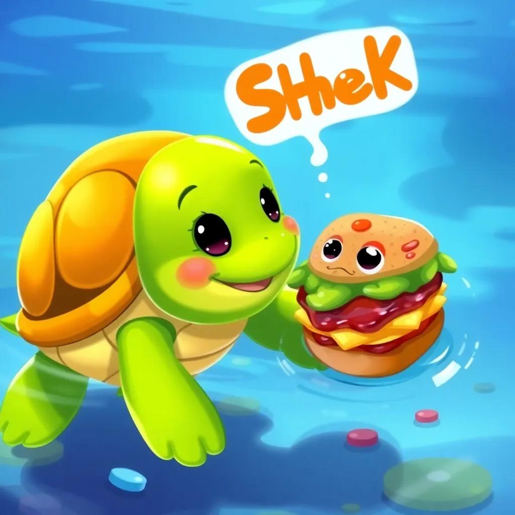 A cute turtle named Shelly, with green skin and a happy face, swimming up to Crabby and looking at the jam sandwich with excitement, shallow water, vibrant colors, joyful scene, friendly atmosphere, digital painting