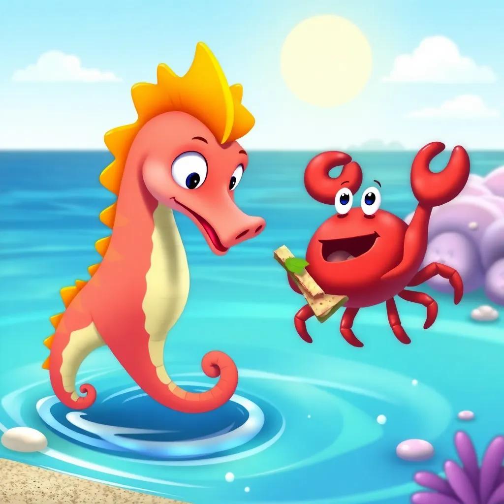 A friendly seahorse named Sammy, with bright colors, jumping out of the water, asking Crabby for a bite of the sandwich, cheerful expression, sunny day, playful sense, colorful background, quality illustration