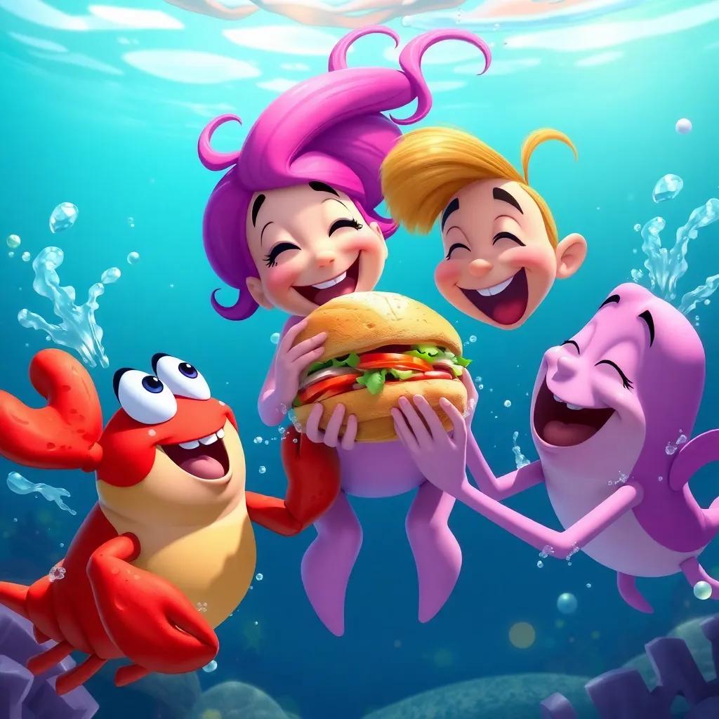 Crabby, Shelly, and Sammy eating the sandwich together, splashes around them, laughter and joy on their faces, vibrant underwater colors, heartwarming scene, great for kids, digital art
