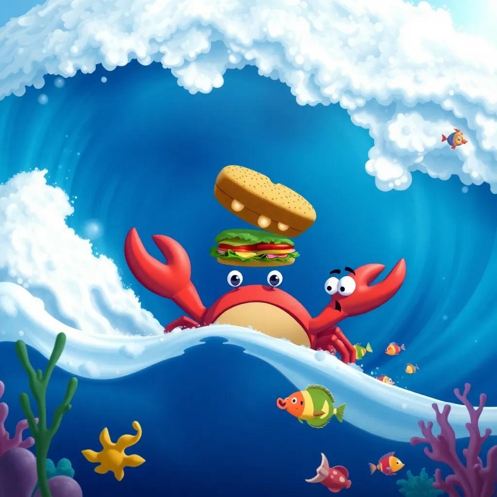A big wave approaching the crab and his friends, with the sandwich floating away, surprised expressions on their faces, seaweed and colorful fish, animated style, playful and engaging, high-quality illustration