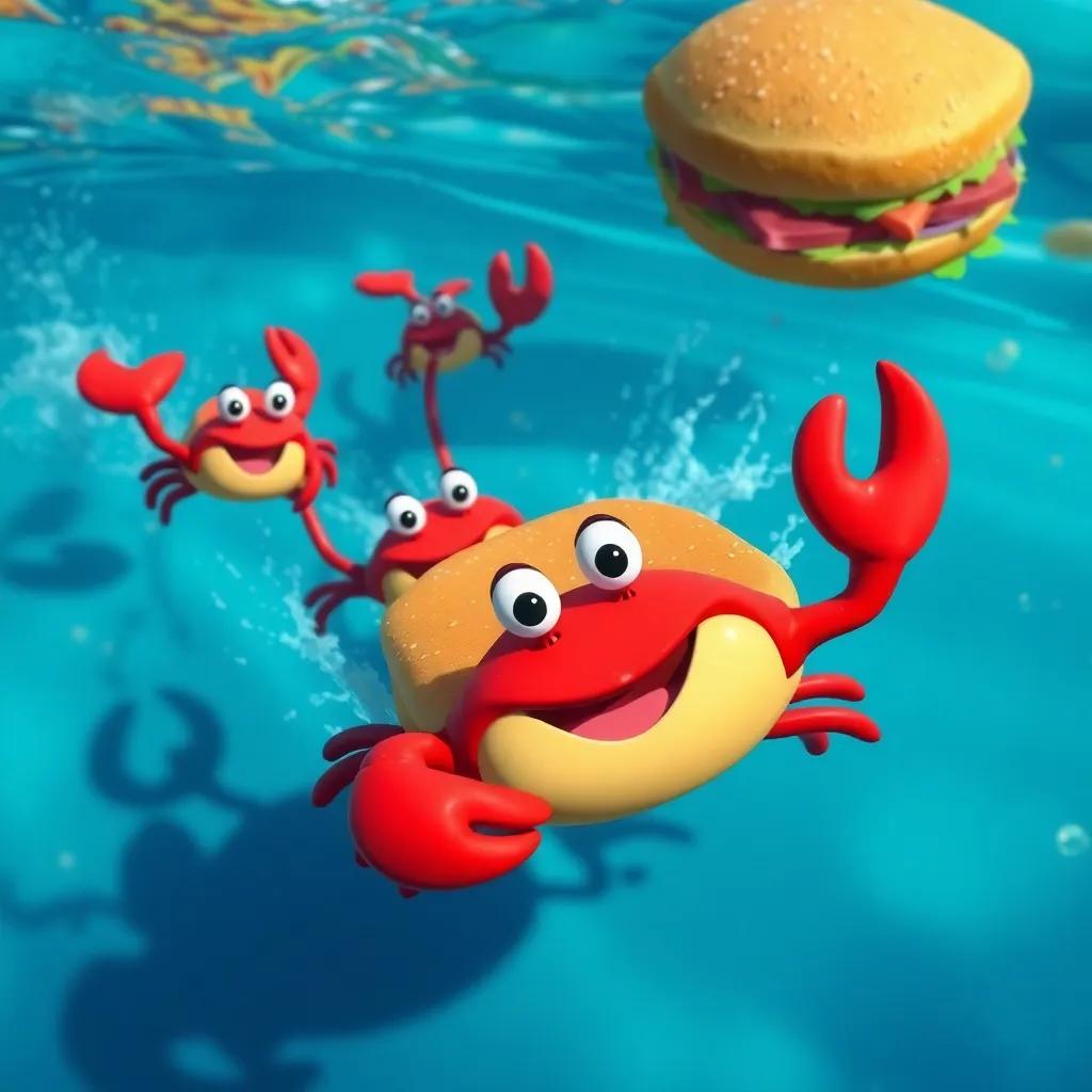Crabby and his friends swimming after the floating sandwich, darting through the water with determination, dynamic movement, bright colors, fun atmosphere, detailed digital art