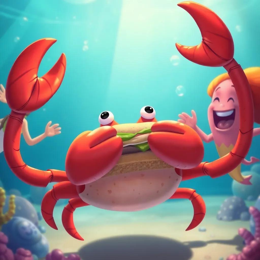 Crabby holding the sandwich tightly with his claws while Shelly and Sammy cheer around him, underwater laughter with little bubbles, colorful ocean scene, warm and inviting light, highly detailed illustration
