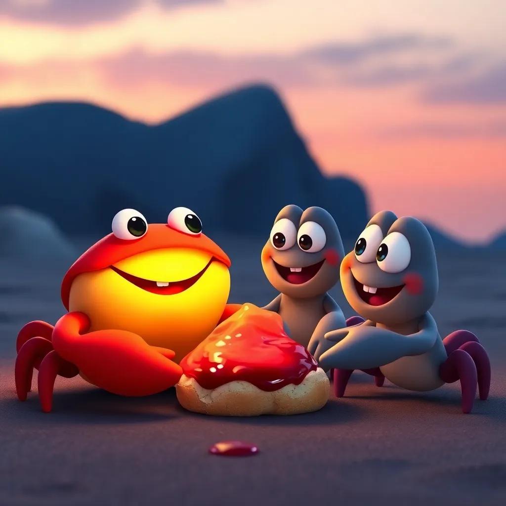 Crabby smiling and sharing the last bits of the jam sandwich with his friends, a sunset glow around them, happiness in their eyes, joyful moment, vibrant colors, child-friendly digital art