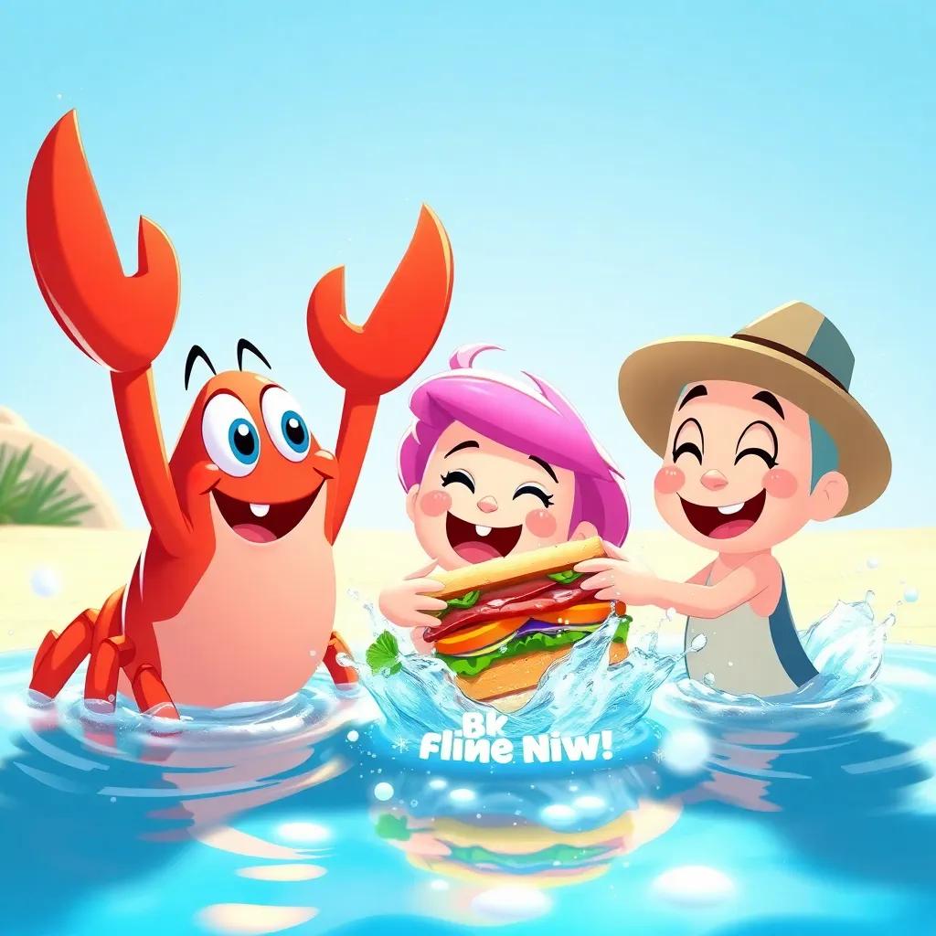 Crabby, Shelly, and Sammy playing in the sun after sharing the sandwich, splashing around with sparkles of water, cheerful expressions, bright colors, joyful end scene, high quality illustration