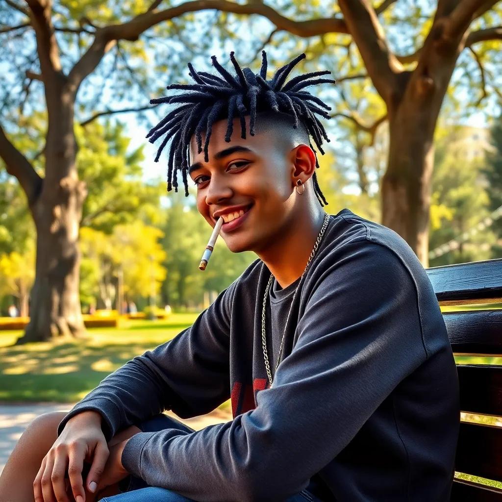 CrackyFranky, a teen with shaved rastafarian hair and large ear gauges, sitting in a park under a big tree, leaning against a bench with a cigarette rolling paper in hand, sunny day, vibrant colors, relaxed atmosphere, cheerful, digital art, high quality