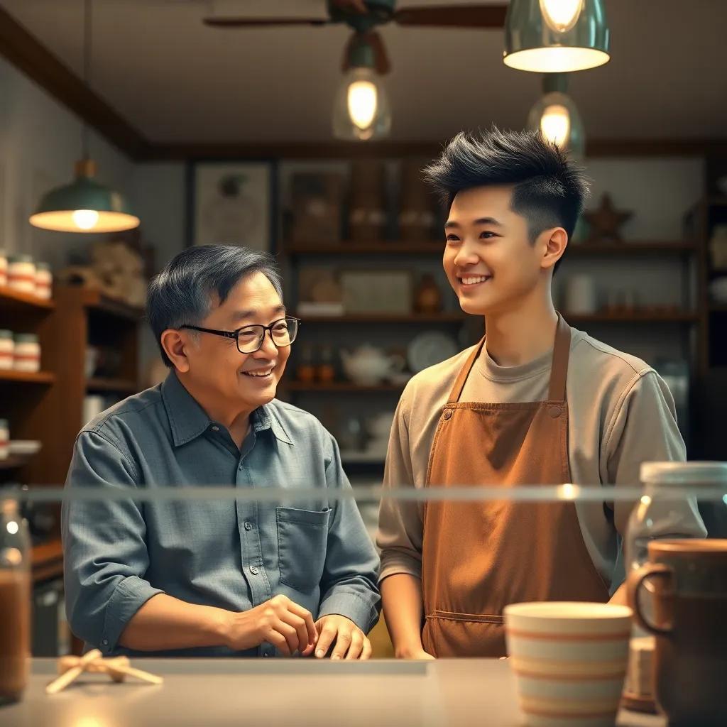 A cozy coffee shop interior with warm lighting, Phong Hào, an older man with short black hair and glasses, behind the counter smiling at Vương Bình, a young man with spiky hair wearing an apron, digital art, cheerful atmosphere, soft colors, intimate perspective, high quality