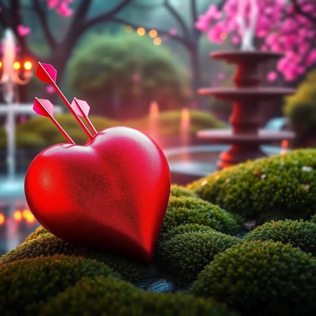 A close-up view of a shimmering red heart with arrows sticking out of it, resting in a mossy garden near a serene fountain, magical atmosphere, detailed digital art, bright colors, enchanting scene, high quality, vibrant lighting