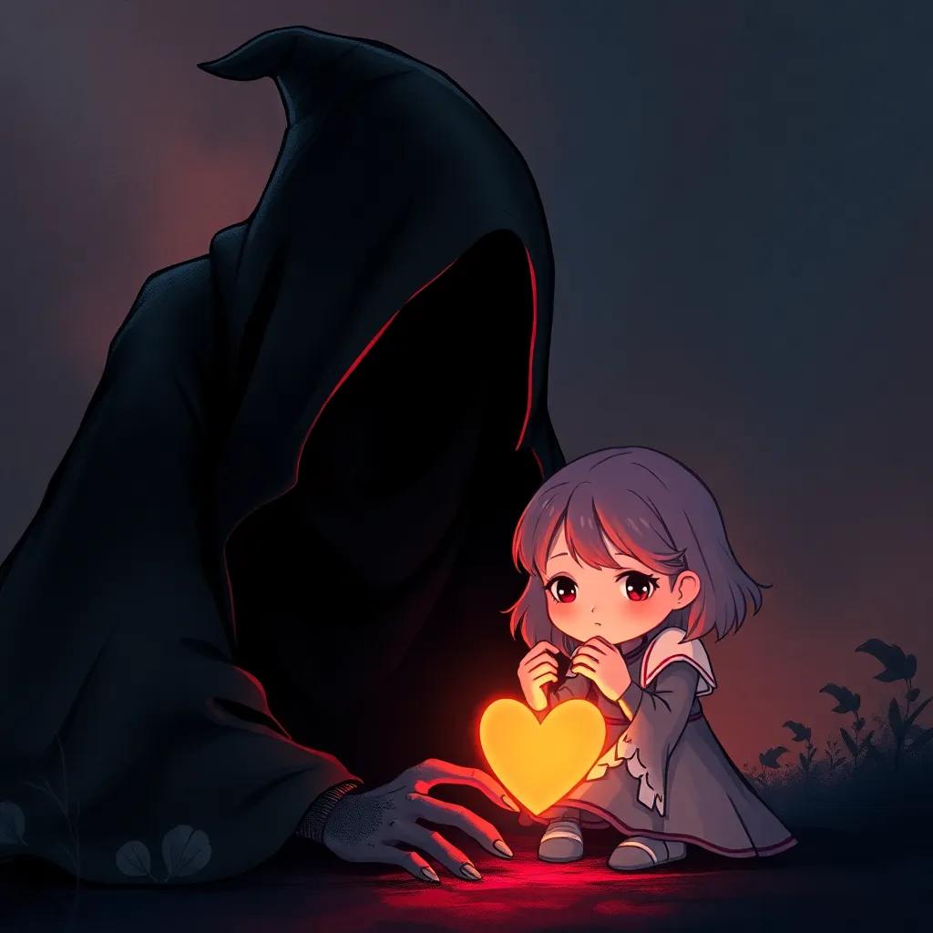 A mystical figure, cloaked in shadows, looming over a small girl named Lily, who is peering closely at a glowing heart, dark surroundings with a hint of light in the background, fantasy illustration, dramatic lighting, child-friendly yet mysterious, high quality