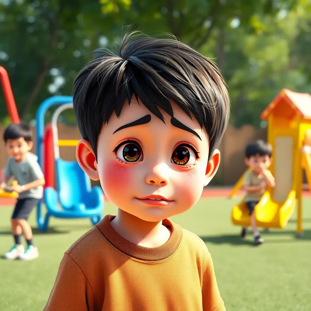 A 5-year-old boy, Daeng, with bright eyes, crying on the playground while his friends play tag; colorful swings and slides in the background, sunny day, digital art, vibrant, cheerful atmosphere, high quality