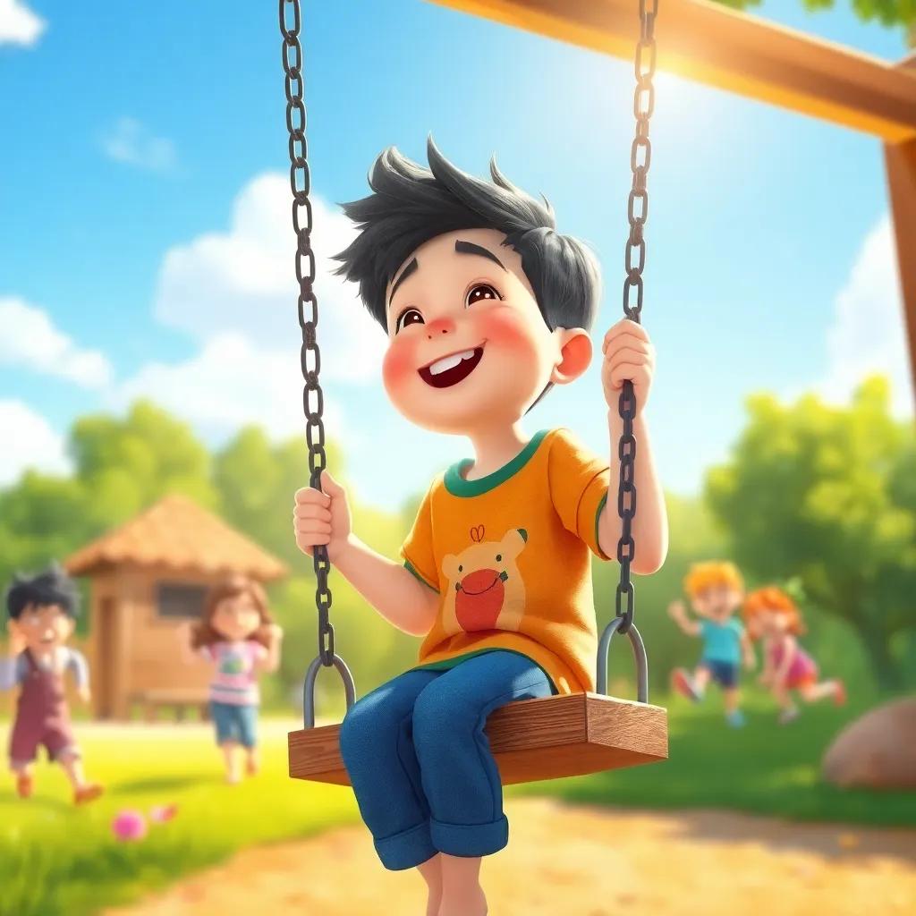 Daeng, a 5-year-old boy, taking a deep breath on the swing, smiling and looking at his friends who are playing happily; bright sunshine, lively atmosphere, joyful, colorful illustration, high quality