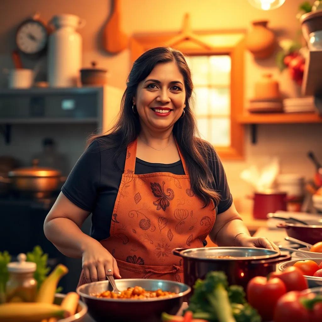 Aunt Maria, a middle-aged Hispanic woman, with long, dark hair wearing a cheerful apron, cooking in a cozy kitchen filled with colorful pots and fresh vegetables, warm light, inviting ambiance, heartfelt scene, high quality