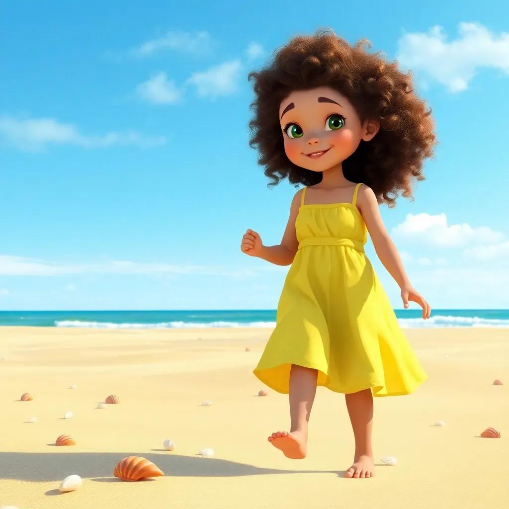 A young girl, Daisy, around 10 years old, with curly brown hair and wearing a bright yellow sundress, walking along the sandy beach under a clear blue sky, collecting seashells, cheerful atmosphere, digital painting, warm colors, high quality
