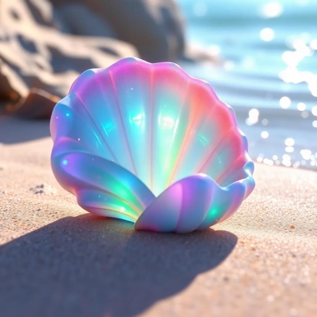 A shimmering seashell, known as the Crystal Seashell, sparkling in the sunlight, with vibrant colors like blue, green, and purple, relaxing on the sand beside Daisy, magical aura, realistic textures, child-friendly, enchanting scene