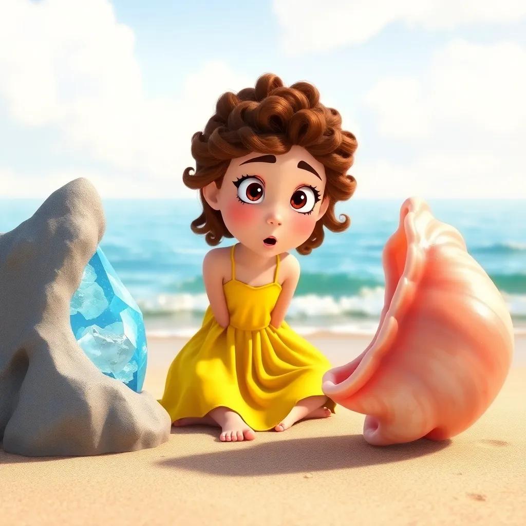 Daisy, a young girl with curly brown hair in a yellow sundress, listening intently to the talking Crystal Seashell, on the beach, with gentle waves in the background, surprised expression, vivid colors, fantasy style, heartwarming