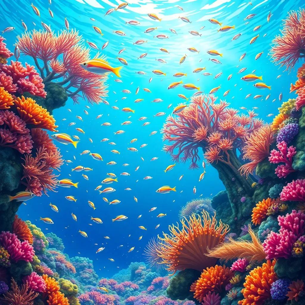 An underwater view of a colorful coral reef, alive with schools of fish and vibrant corals, depicting the beauty of the ocean, emphasizing the importance of preservation, vivid colors, realistic illustration, educational