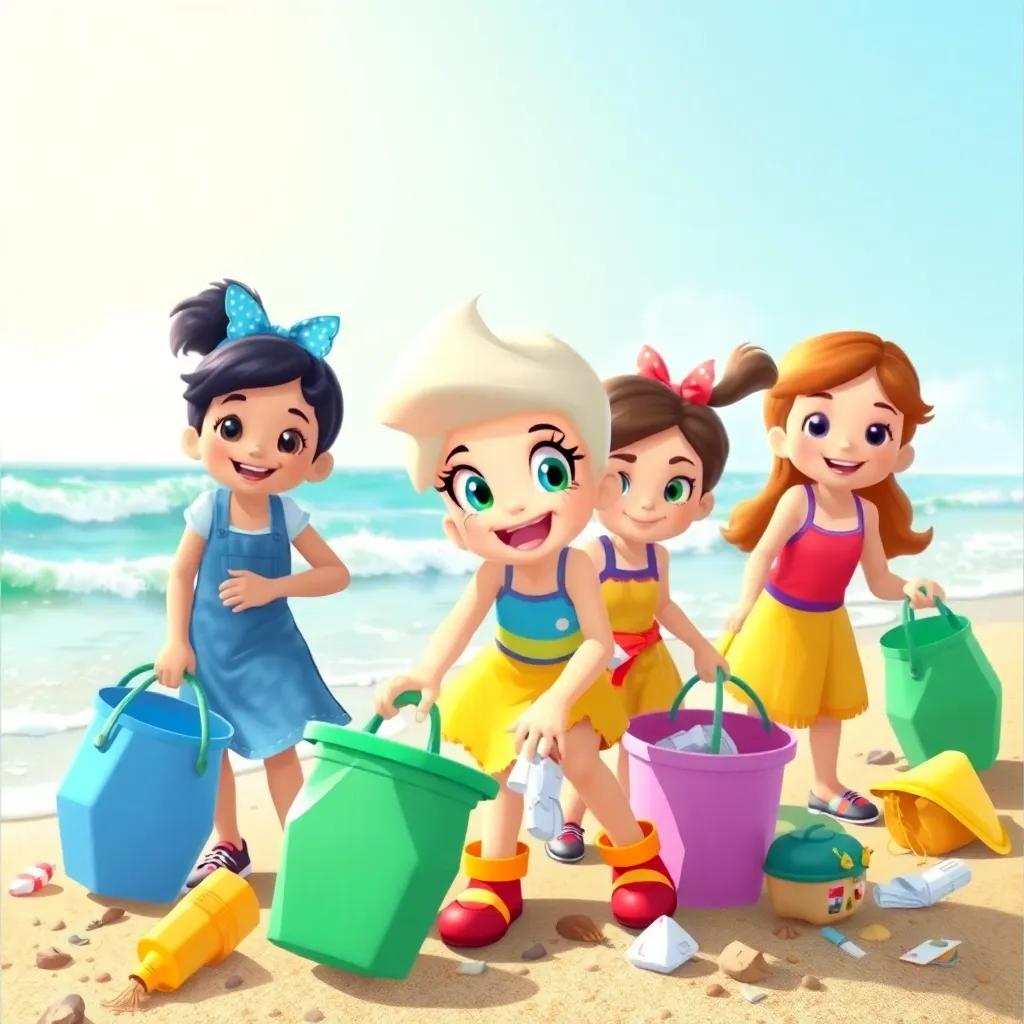 Daisy and her friends, diverse children with smiles, working together to clean the beach, picking up trash and litter, a sunny day with ocean waves gently crashing, teamwork spirit, vibrant atmosphere, joyful and inspiring