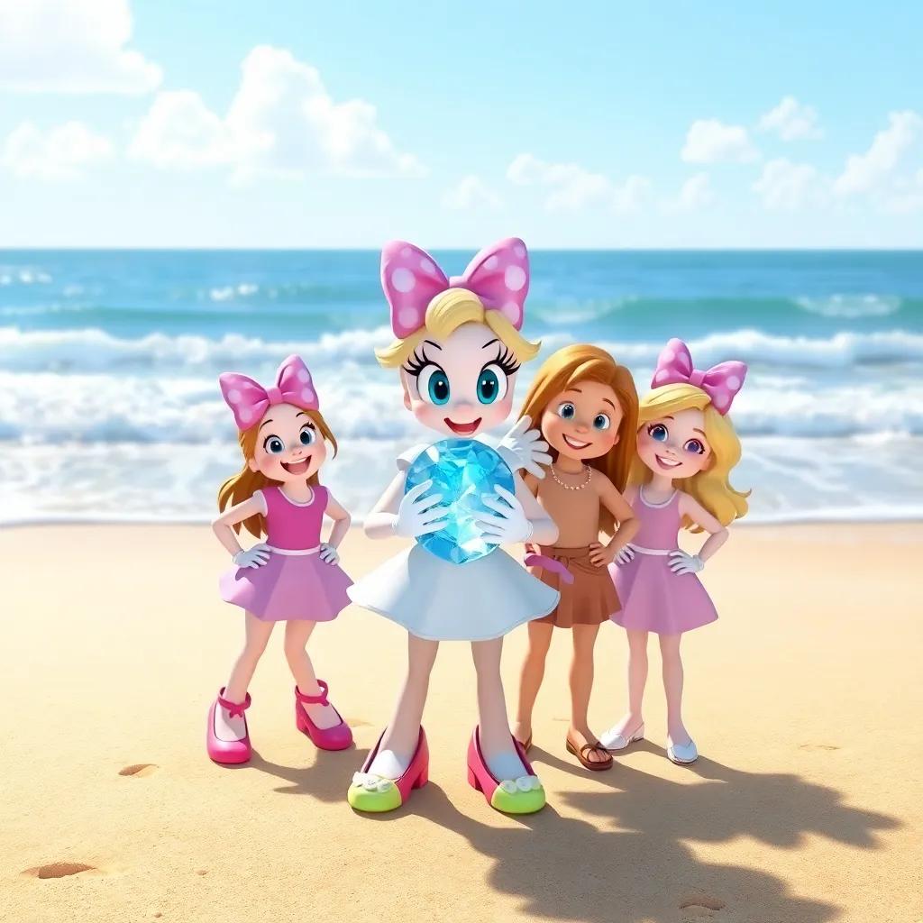 Daisy standing proudly with the Crystal Seashell on the beach, surrounded by her friends who are all smiling, a clear sky above and waves in the distance, showing unity and commitment to protect the ocean, heartwarming scene