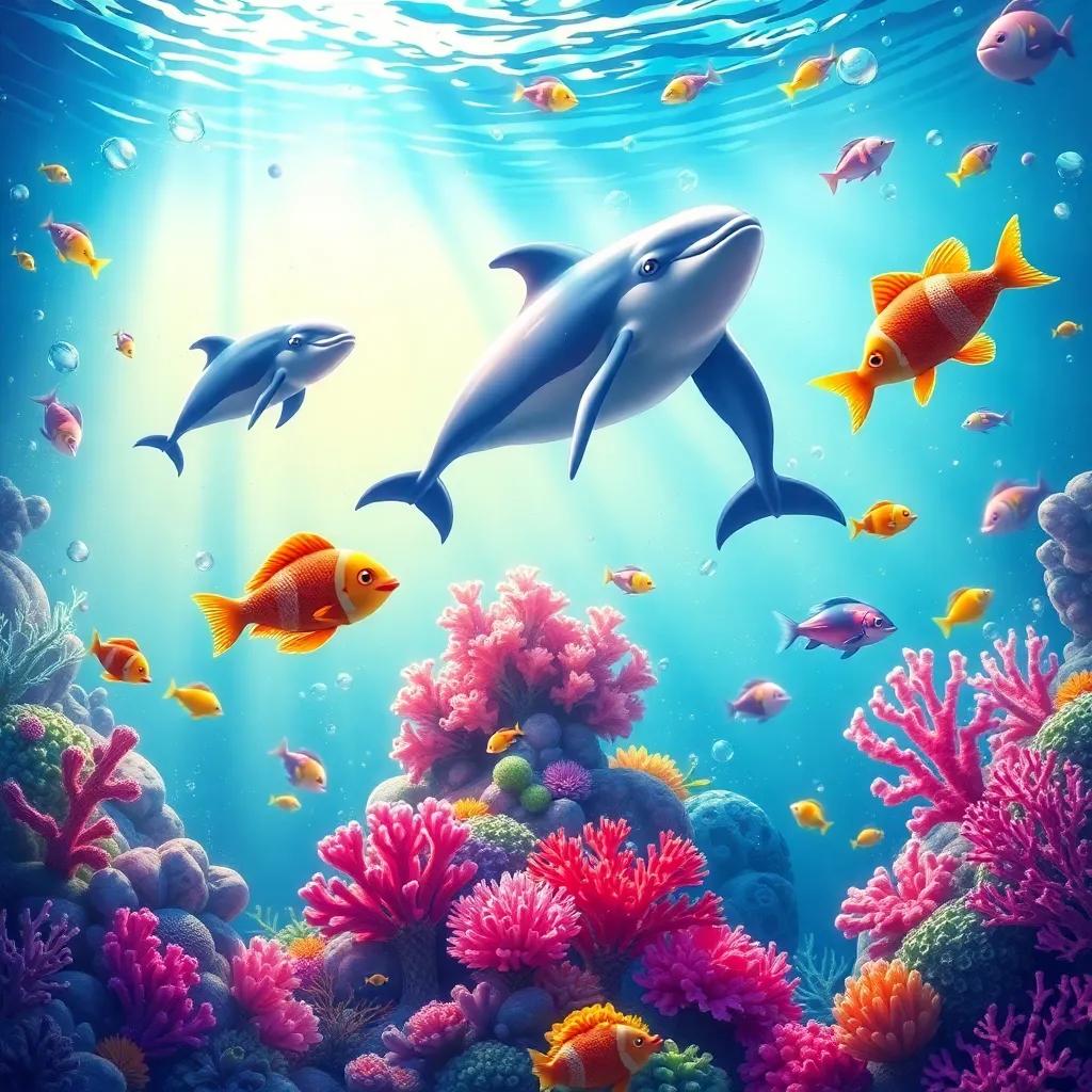 A magical scene of the ocean with playful dolphins, colorful fish, and bright corals, illustrating the beauty of underwater life, inviting and vibrant, digital art, educational message, enchanting