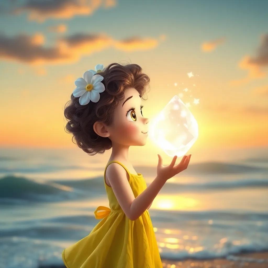 Daisy, a young girl with curly brown hair in a yellow sundress, gazing at the Crystal Seashell that floats in the air, sparkling with magical light, in a dreamy setting with soft waves and a beautiful sunset, fantasy