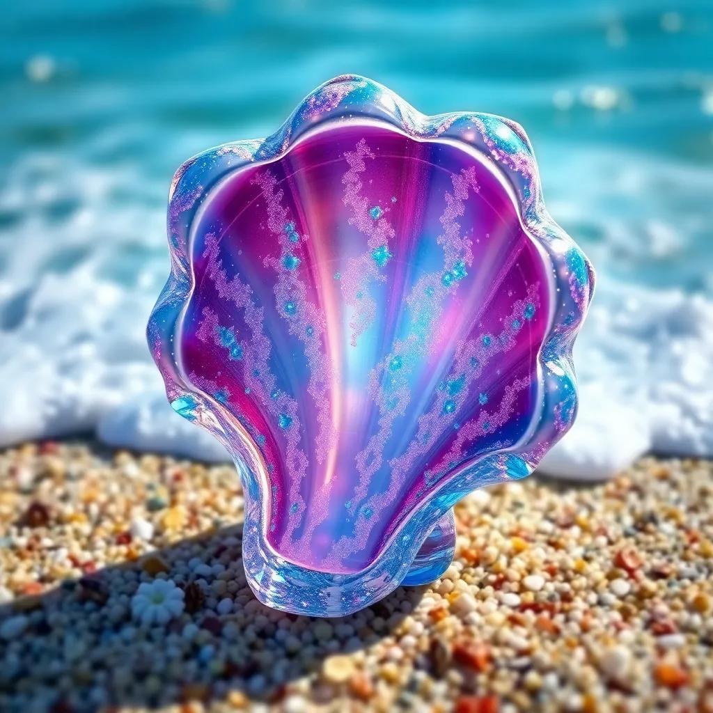 A close-up of the Crystal Seashell, showing detailed designs and sparkling, colorful patterns, with a background of the ocean waves, symbolizing the magic and stories of the sea, captivating and colorful, rich textures