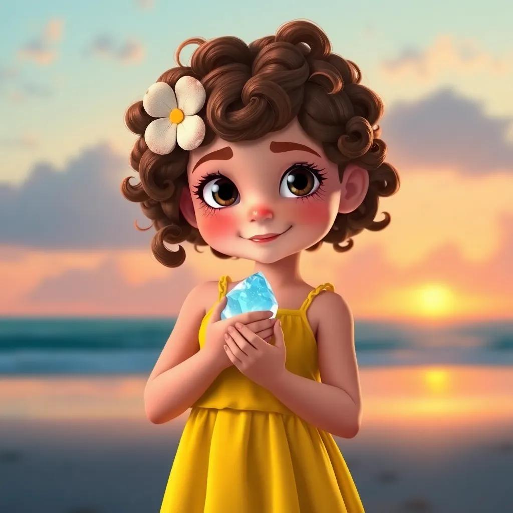 Daisy, a young girl with curly brown hair and a yellow sundress, holding the Crystal Seashell close to her heart, on the beach with a sunset background, a look of determination and hope on her face, inspiring and emotional