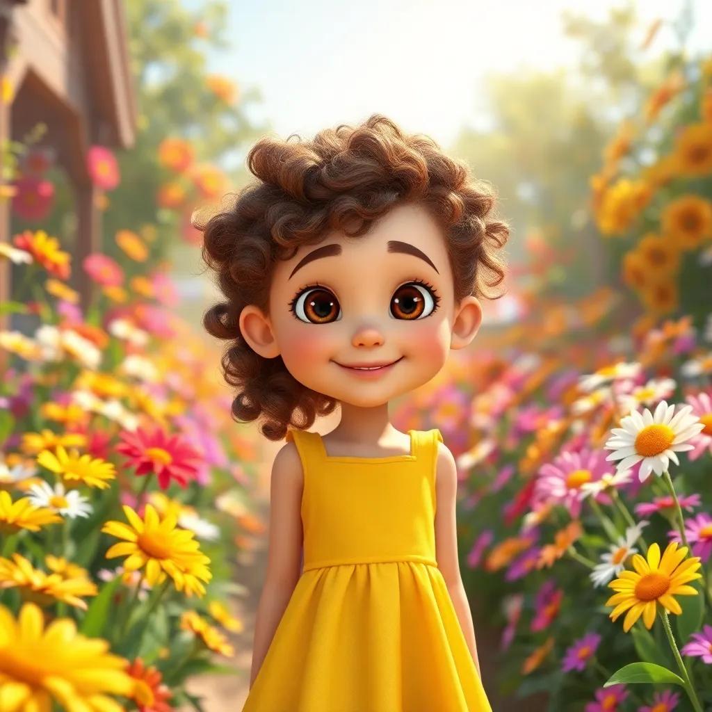 Daisy, an 11-year-old girl with curly brown hair, wearing a bright yellow dress, standing in her colorful garden full of flowers, bright sunlight, cheerful atmosphere, digital art, vibrant colors, captivating scene, high quality