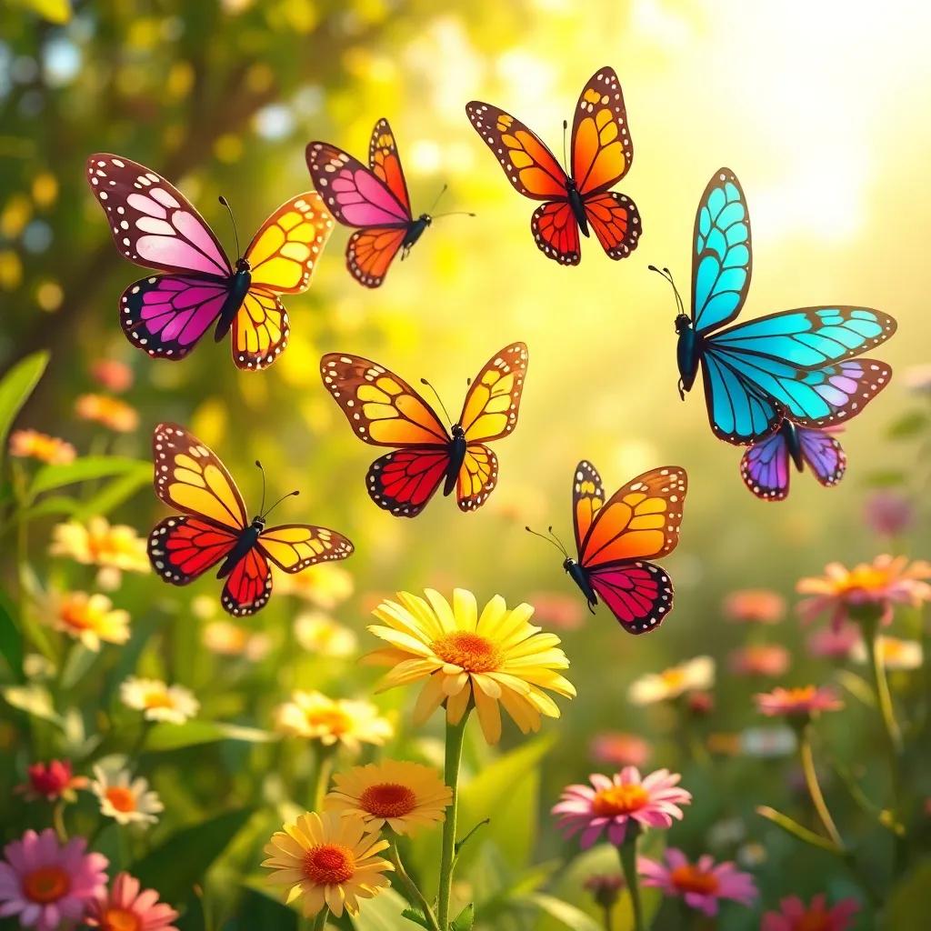 A group of colorful butterflies dancing above Daisy in the garden, showcasing their unique patterns and colors, warm sunlight filtering through the leaves, joyful scene, illustration, lively and enchanting, child-friendly