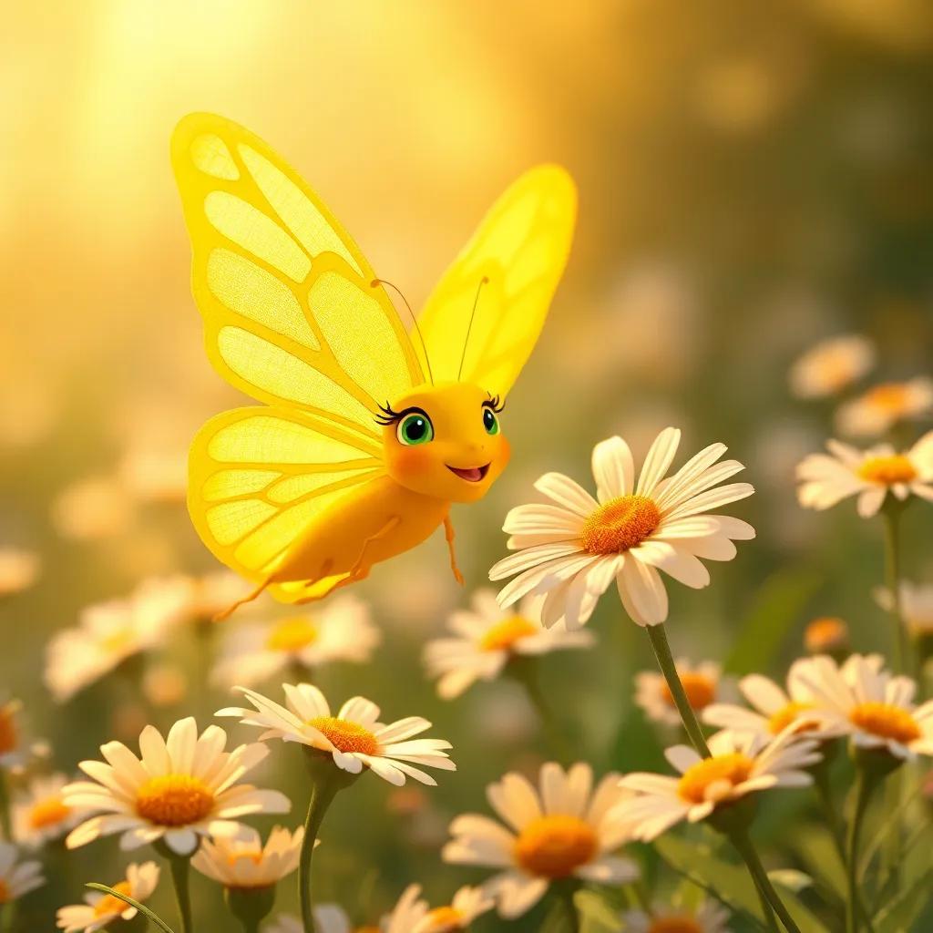 Bella, a bright yellow butterfly with delicate wings, landing beside Daisy, filled with excitement, surrounded by blooming flowers, soft golden light, joyful expression, realistic style, warmth and friendship, high quality